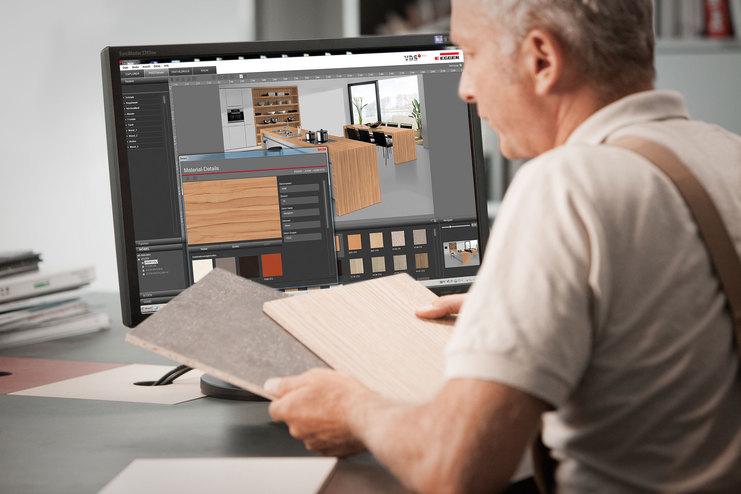 Abwägen von Holzmaterialien durch #Branche1# Abwägen von Holzmaterialien und Farben durch #Branche1# während einer 3D Küchenplanung